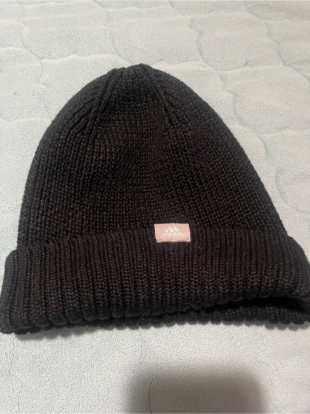 Adidas Black Ribbed Knit Cuffed Beanie Logo Patch One Size